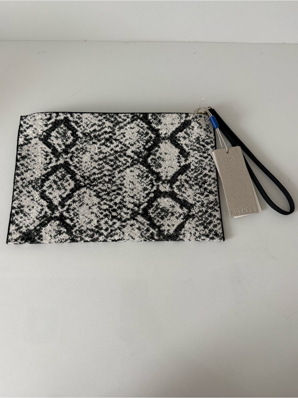 Rothy's Essential Pouch Clutch Wristlet Black and White Snake Python Print NEW